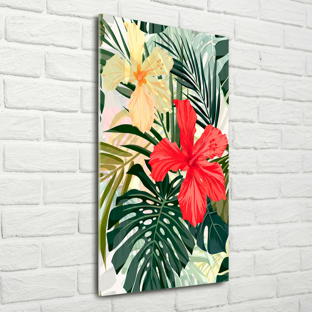 Tableau acrylique Fleurs hawaïennes roses monstera