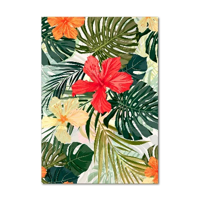 Tableau acrylique Fleurs hawaïennes roses monstera