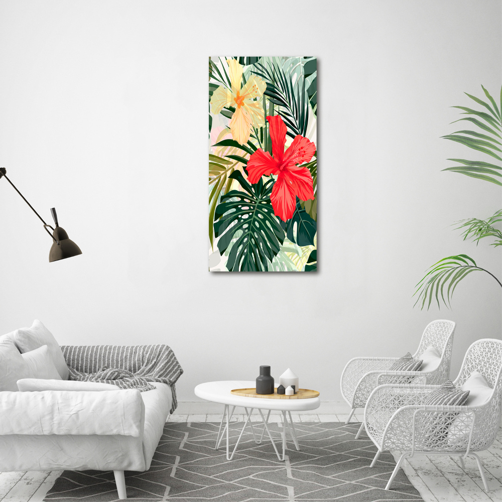 Tableau acrylique Fleurs hawaïennes roses monstera