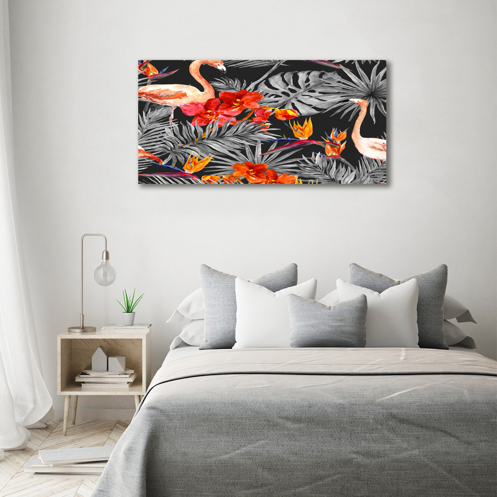 Tableau mural sur toile Flamants et fleurs