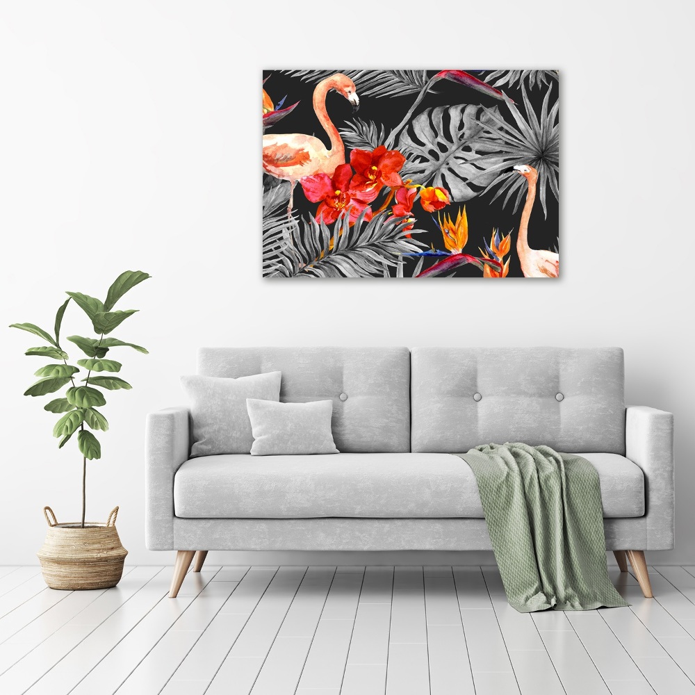 Tableau mural sur toile Flamants et fleurs