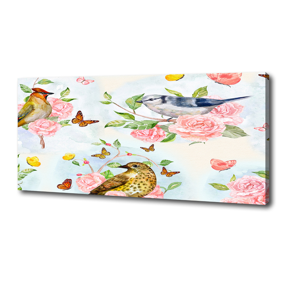 Tableau sur toile Oiseaux et roses