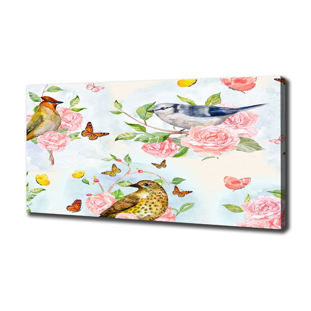 Tableau sur toile Oiseaux et roses