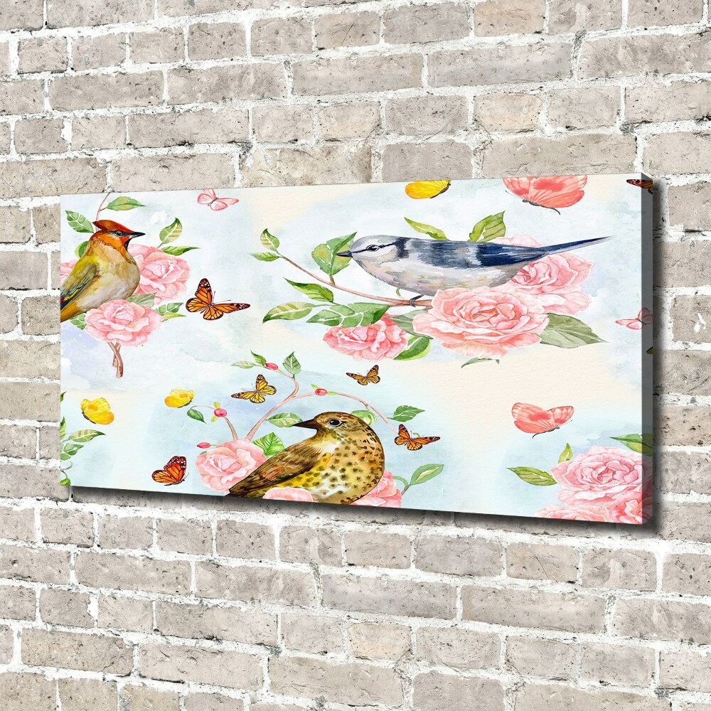 Tableau sur toile Oiseaux et roses