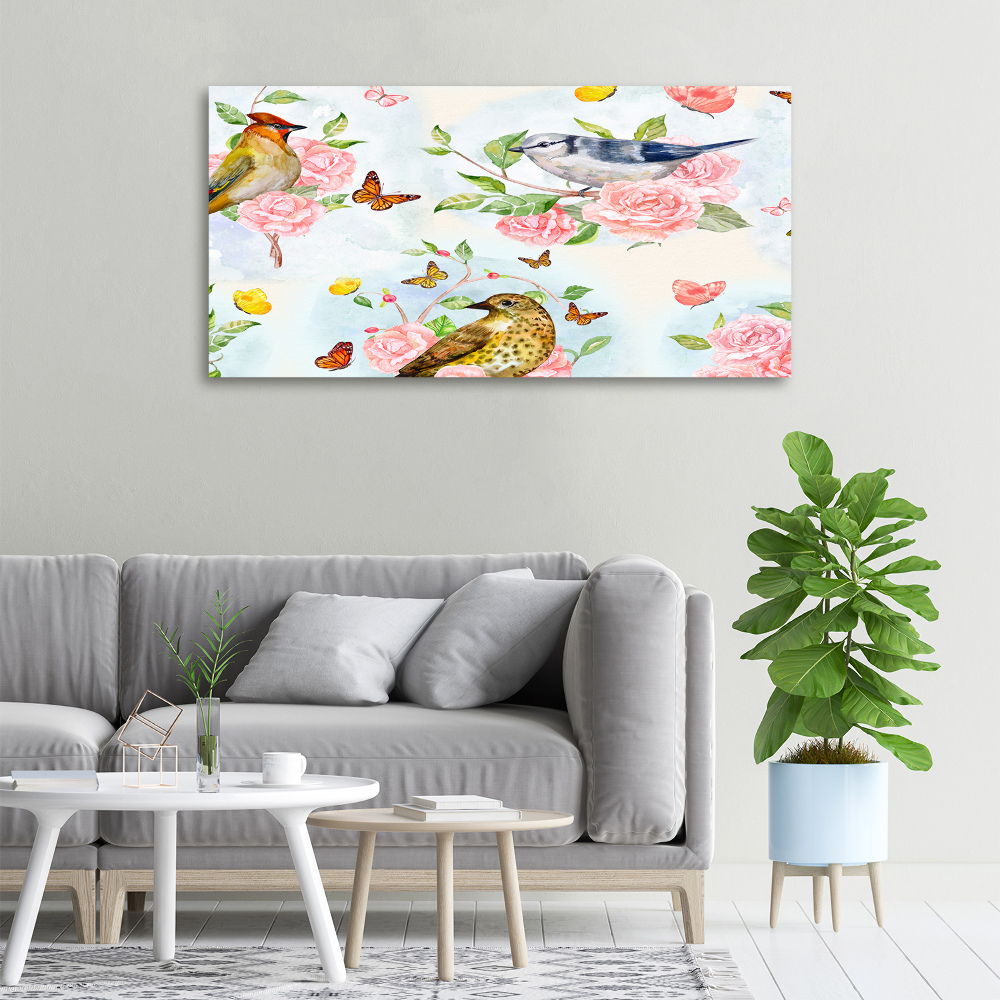 Tableau sur toile Oiseaux et roses