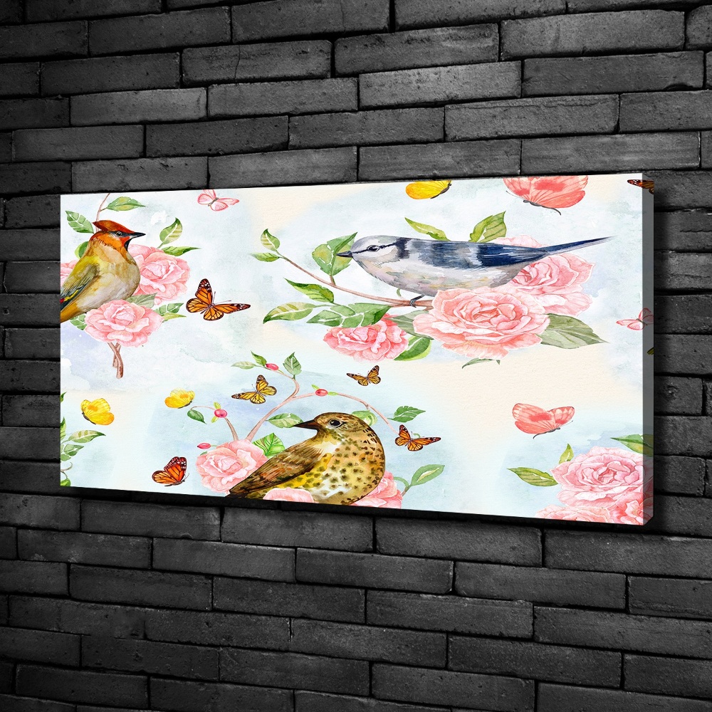 Tableau sur toile Oiseaux et roses