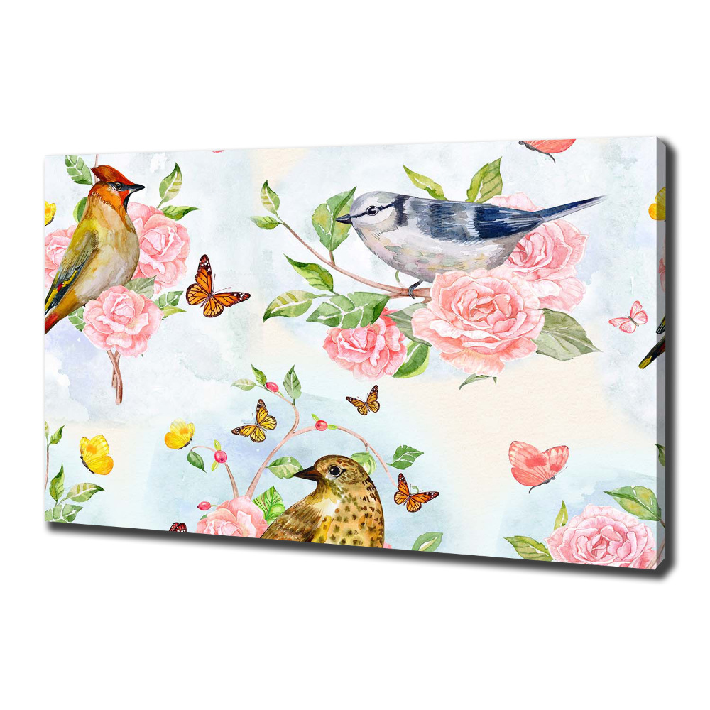 Tableau sur toile Oiseaux et roses