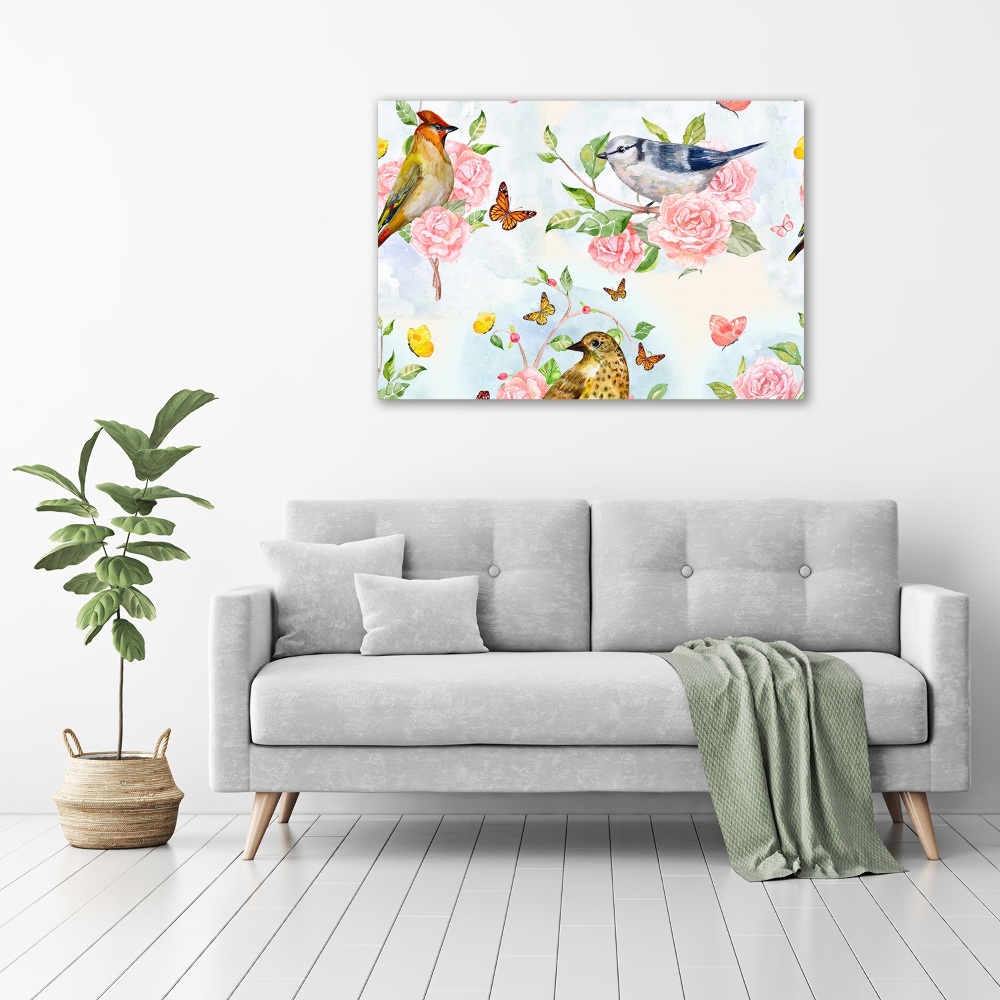 Tableau sur toile Oiseaux et roses