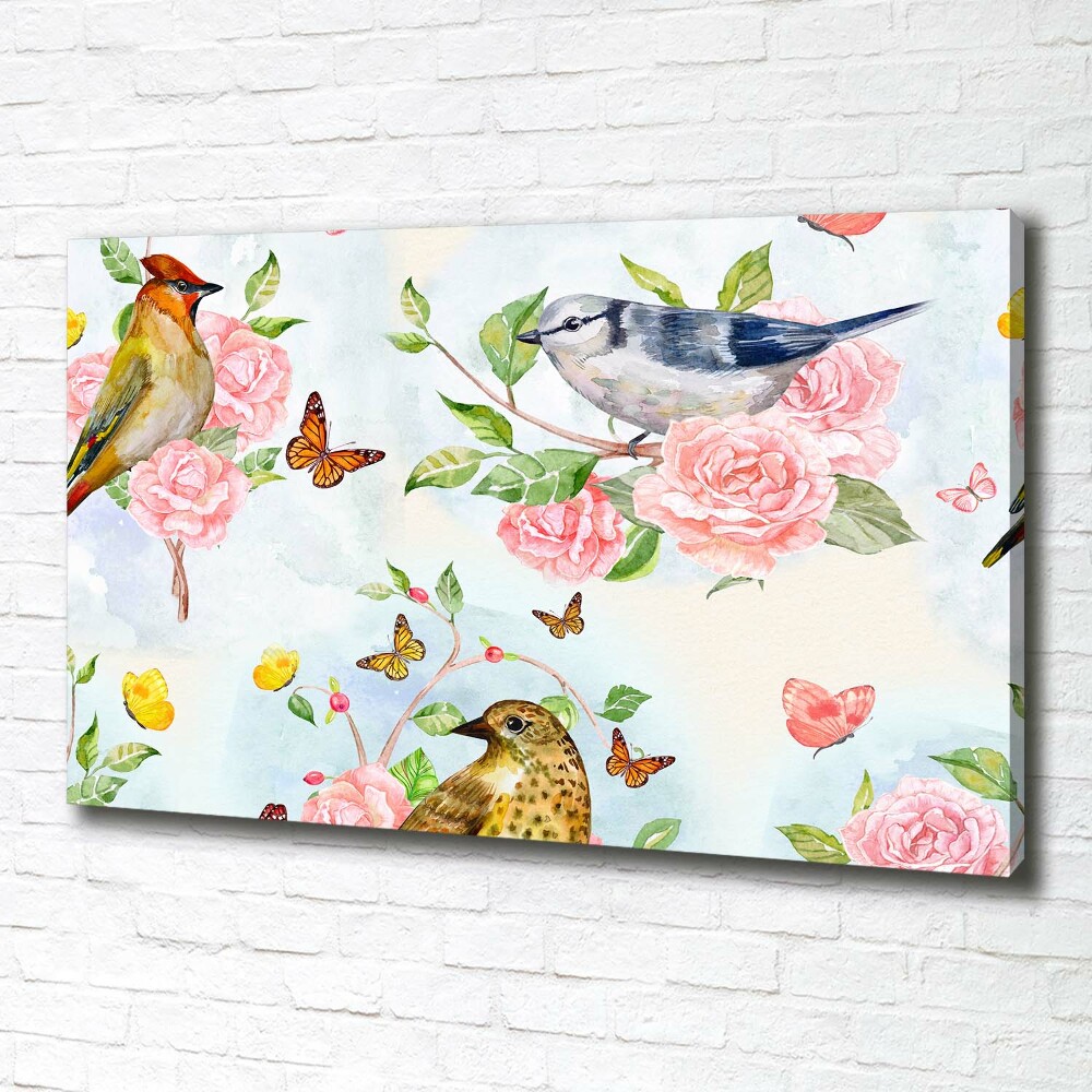 Tableau sur toile Oiseaux et roses