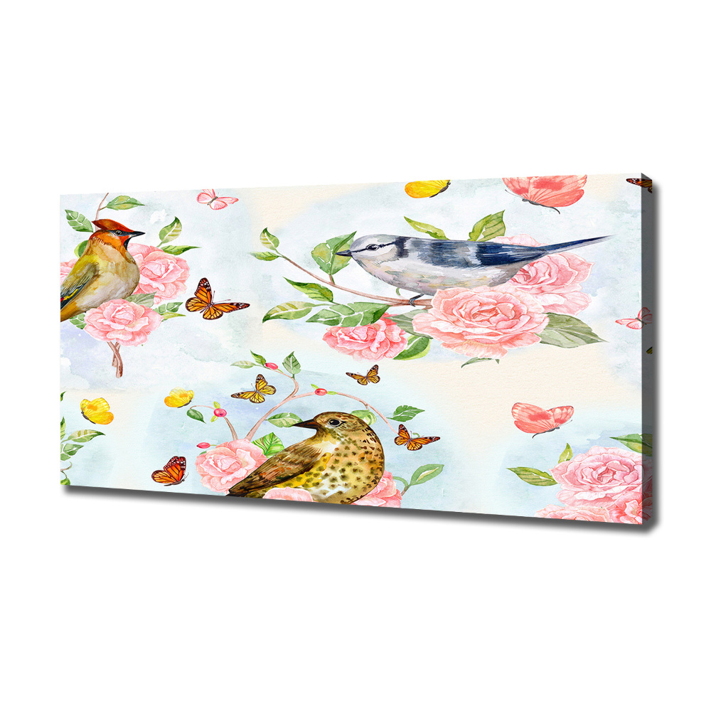 Tableau sur toile Oiseaux et roses