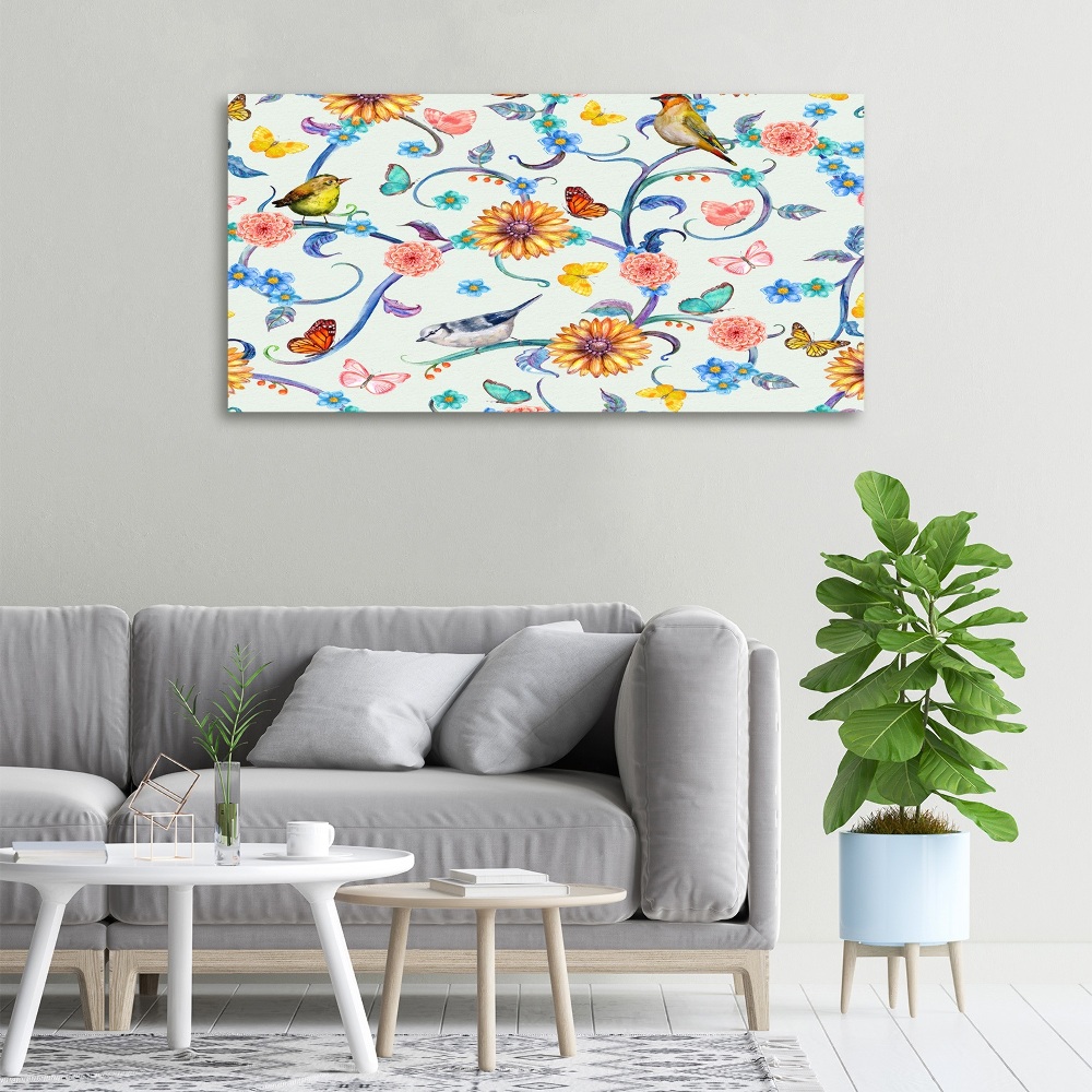 Tableau imprimé sur toile Fleurs et oiseaux