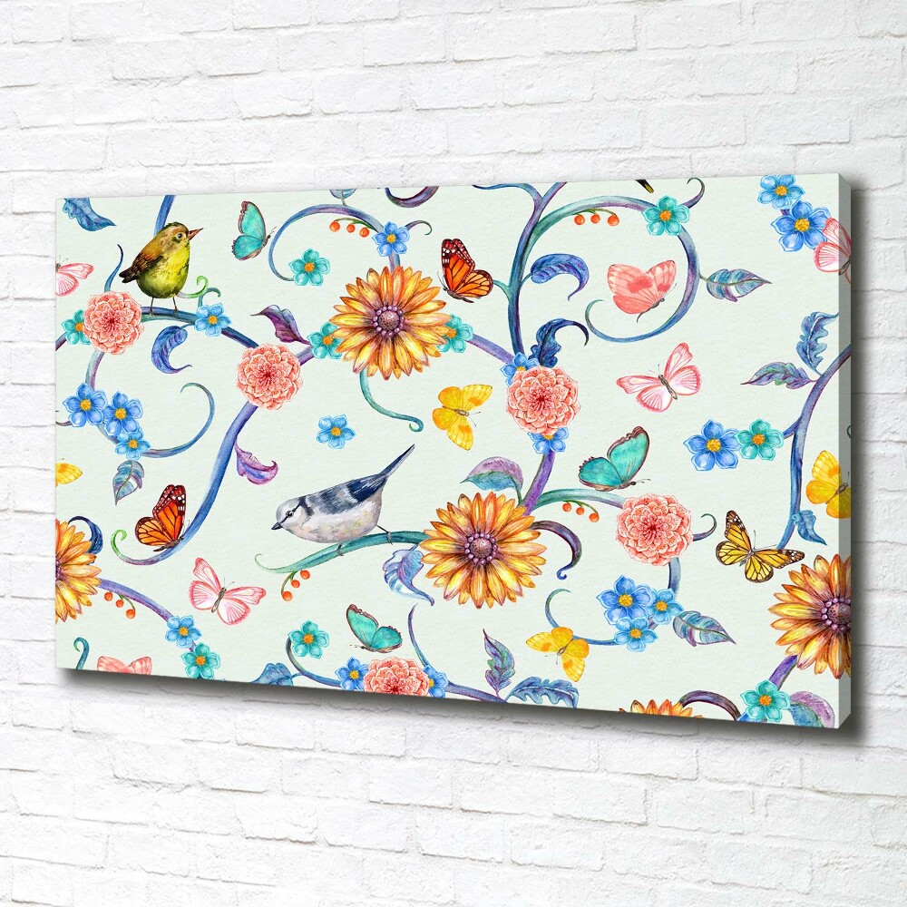 Tableau imprimé sur toile Fleurs et oiseaux