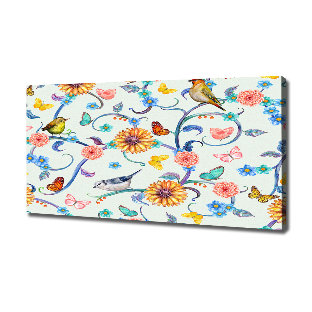 Tableau imprimé sur toile Fleurs et oiseaux