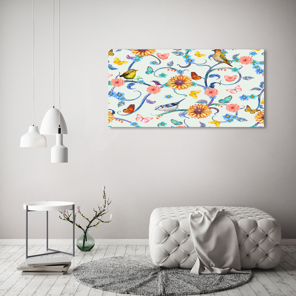 Tableau imprimé sur toile Fleurs et oiseaux