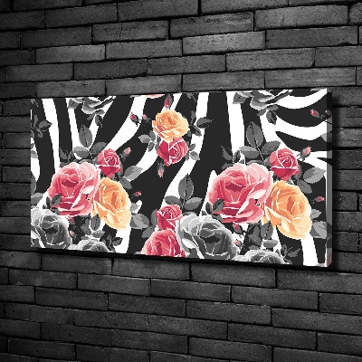 Tableau toile imprimée Roses sur fond de zèbre