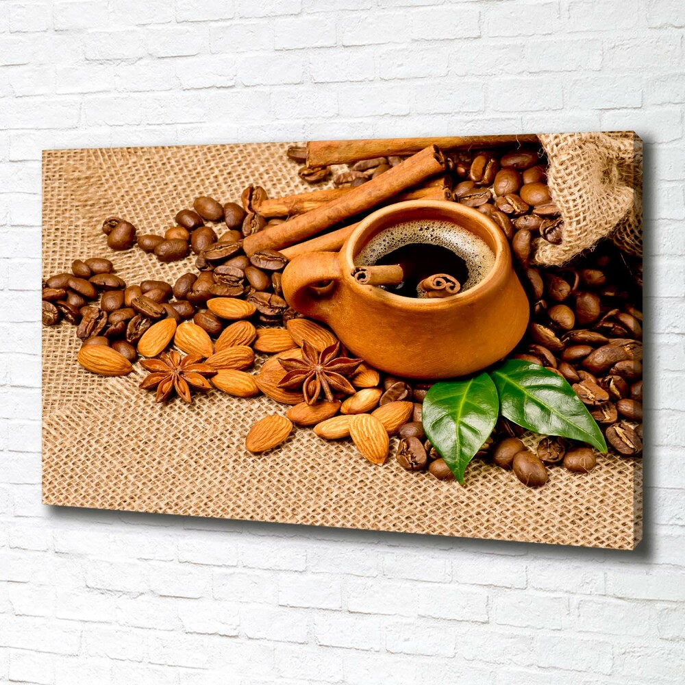 Tableau sur toile Grains de café et tasse