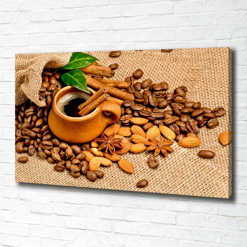 Tableau toile imprimée Grains de café et tasse