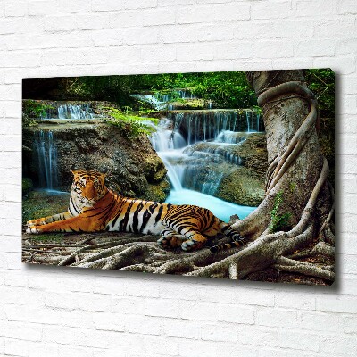 Tableau mural sur toile Tigre dans une cascade