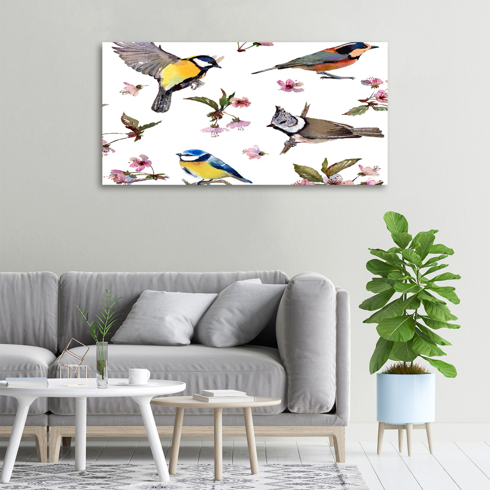 Tableau imprimé sur toile Oiseaux et fleurs de cerisier