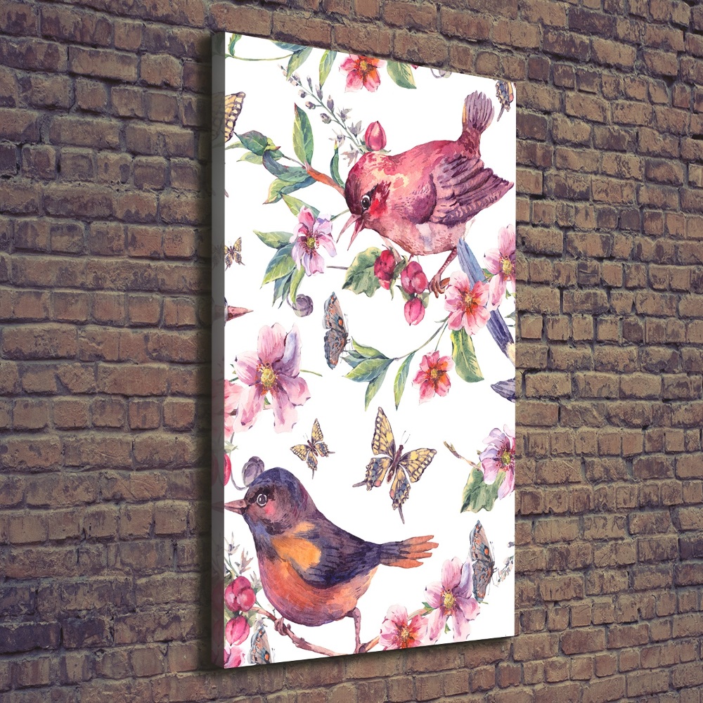 Tableau sur toile Oiseaux papillons fleurs