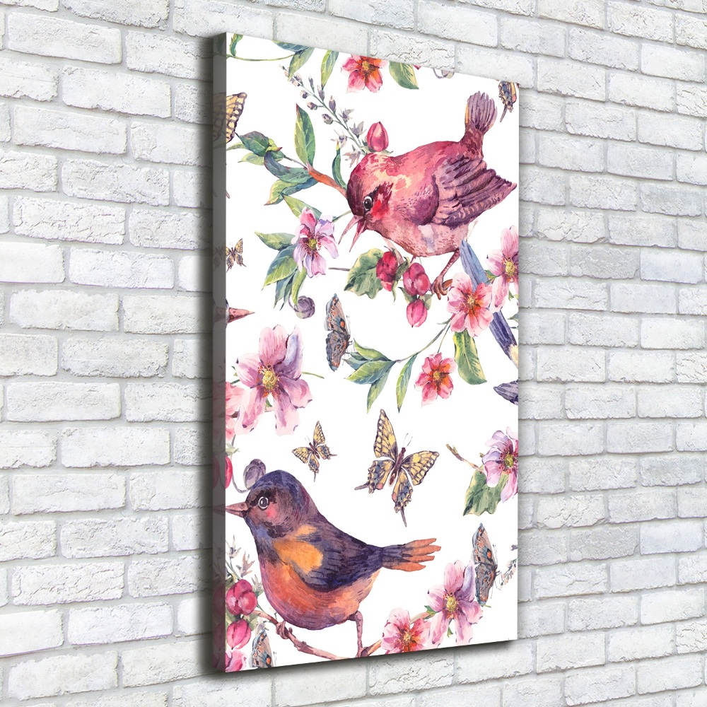 Tableau sur toile Oiseaux papillons fleurs