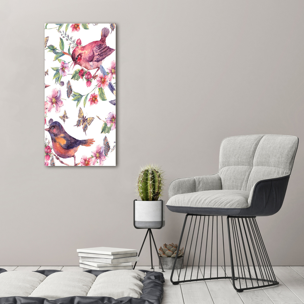 Tableau sur toile Oiseaux papillons fleurs