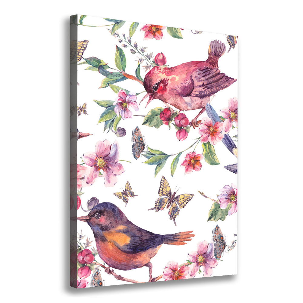 Tableau sur toile Oiseaux papillons fleurs