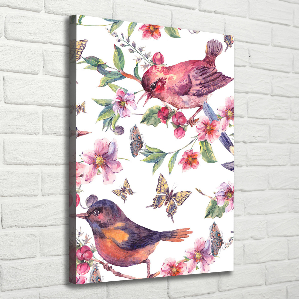 Tableau sur toile Oiseaux papillons fleurs