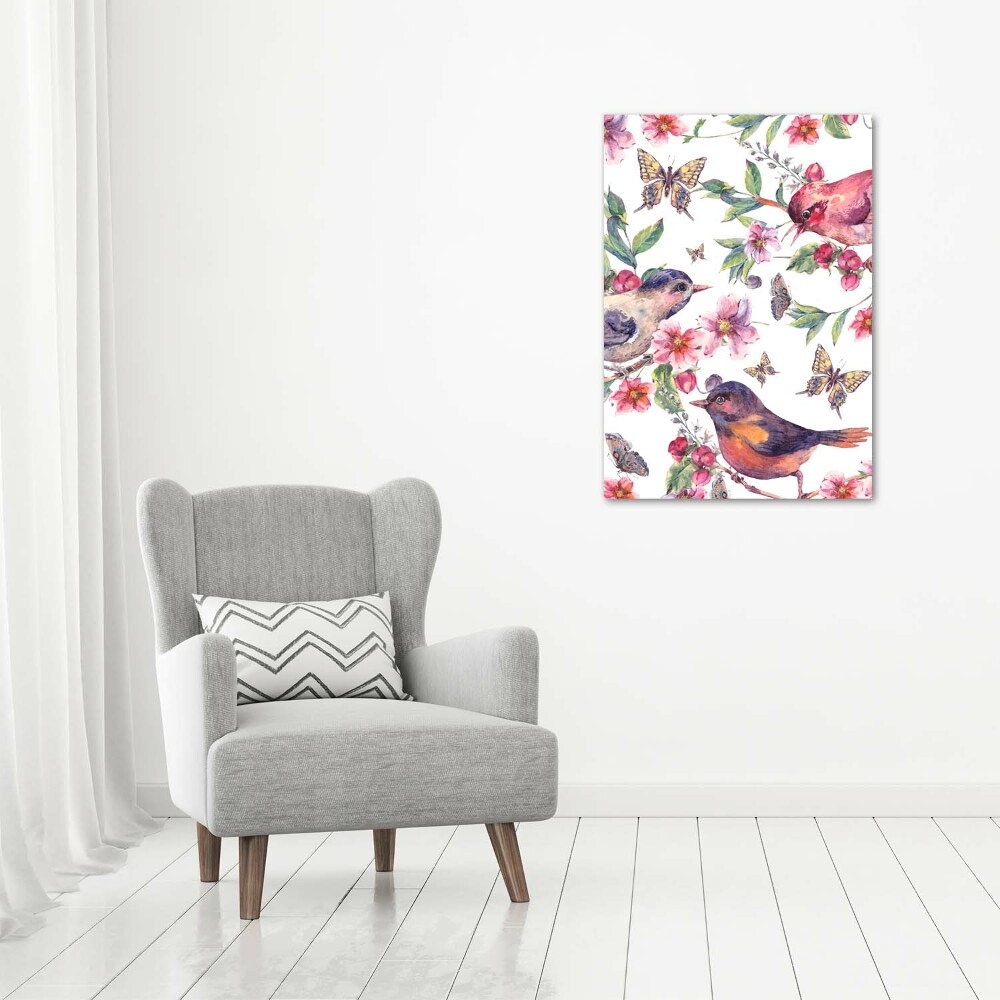 Tableau sur toile Oiseaux papillons fleurs