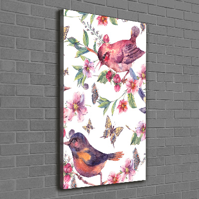 Tableau sur toile Oiseaux papillons fleurs