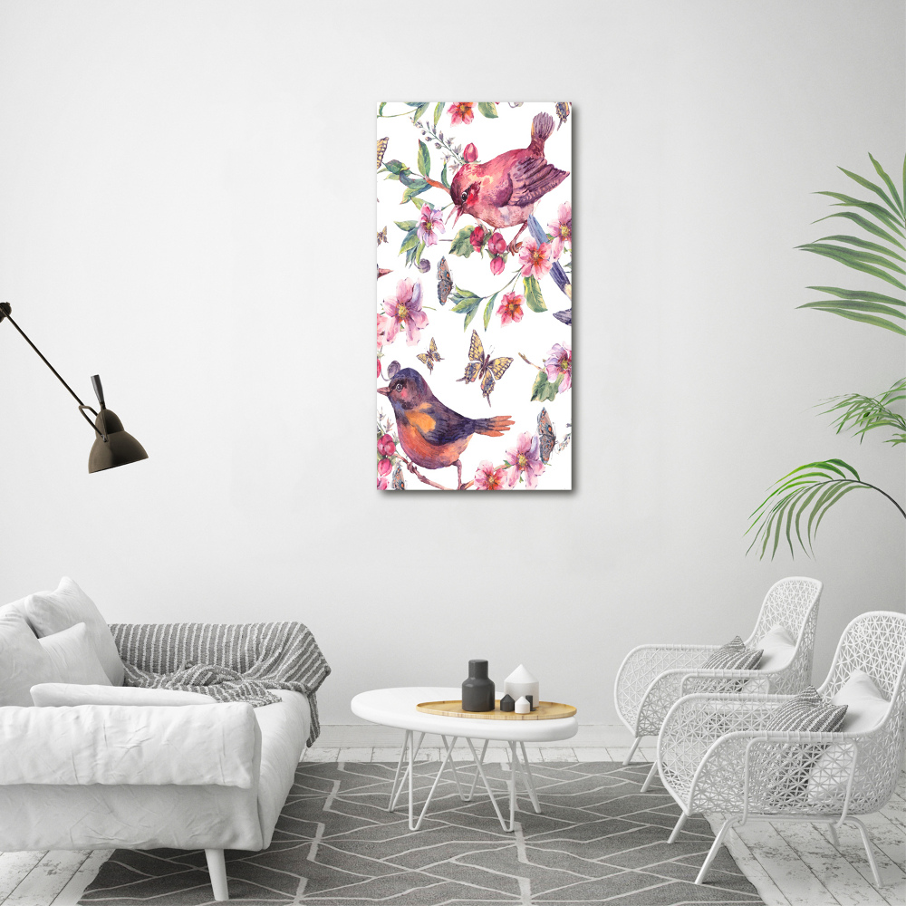 Tableau sur toile Oiseaux papillons fleurs