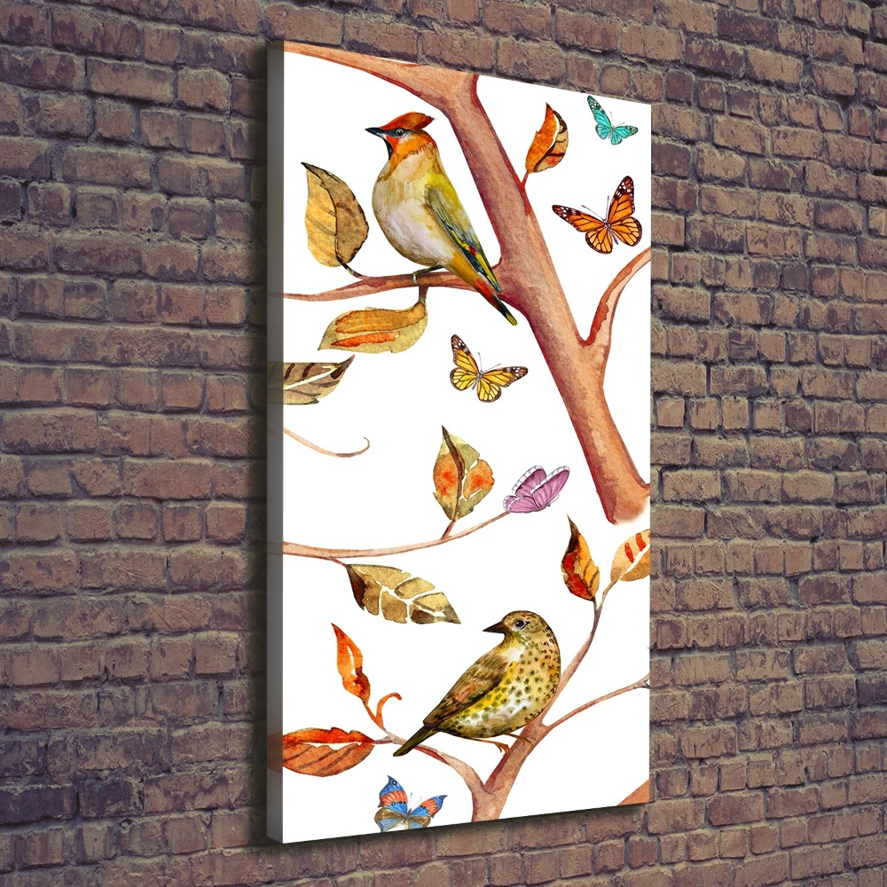 Tableau mural sur toile Oiseaux papillons feuilles