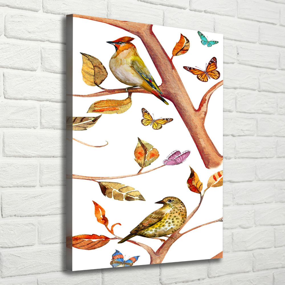 Tableau mural sur toile Oiseaux papillons feuilles