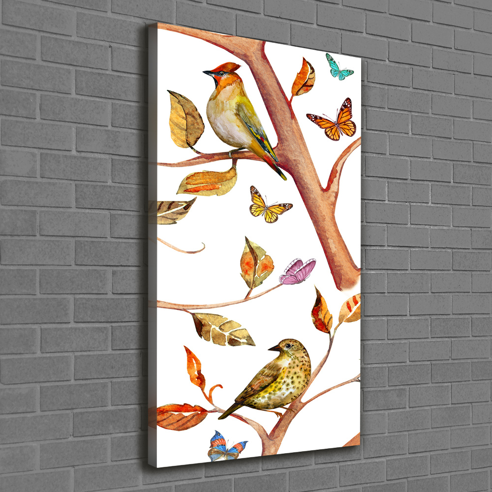 Tableau mural sur toile Oiseaux papillons feuilles