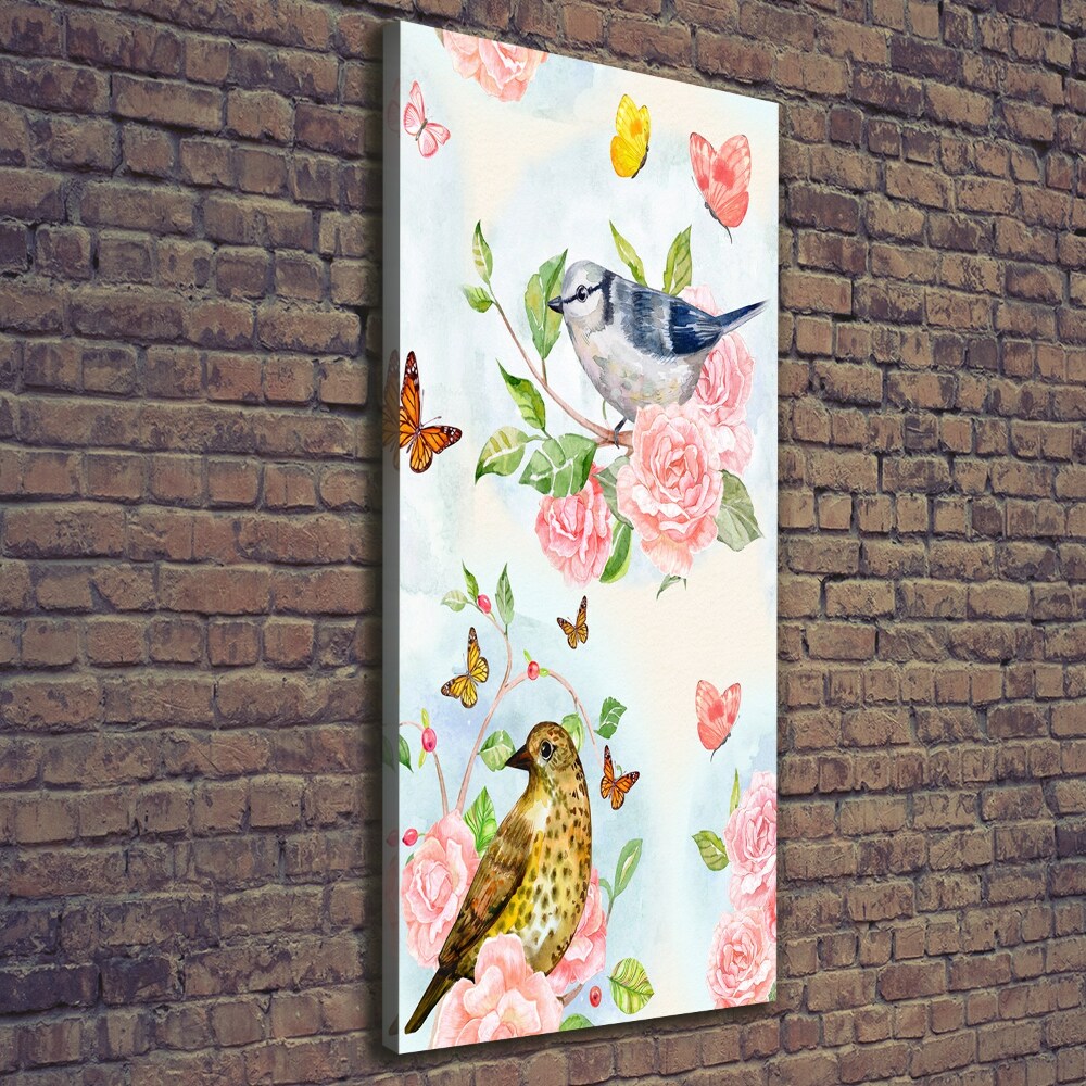 Tableau mural sur toile Oiseaux papillons roses