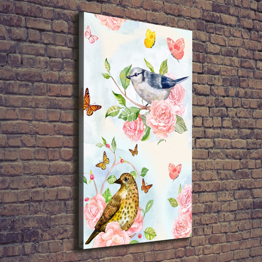 Tableau mural sur toile Oiseaux papillons roses