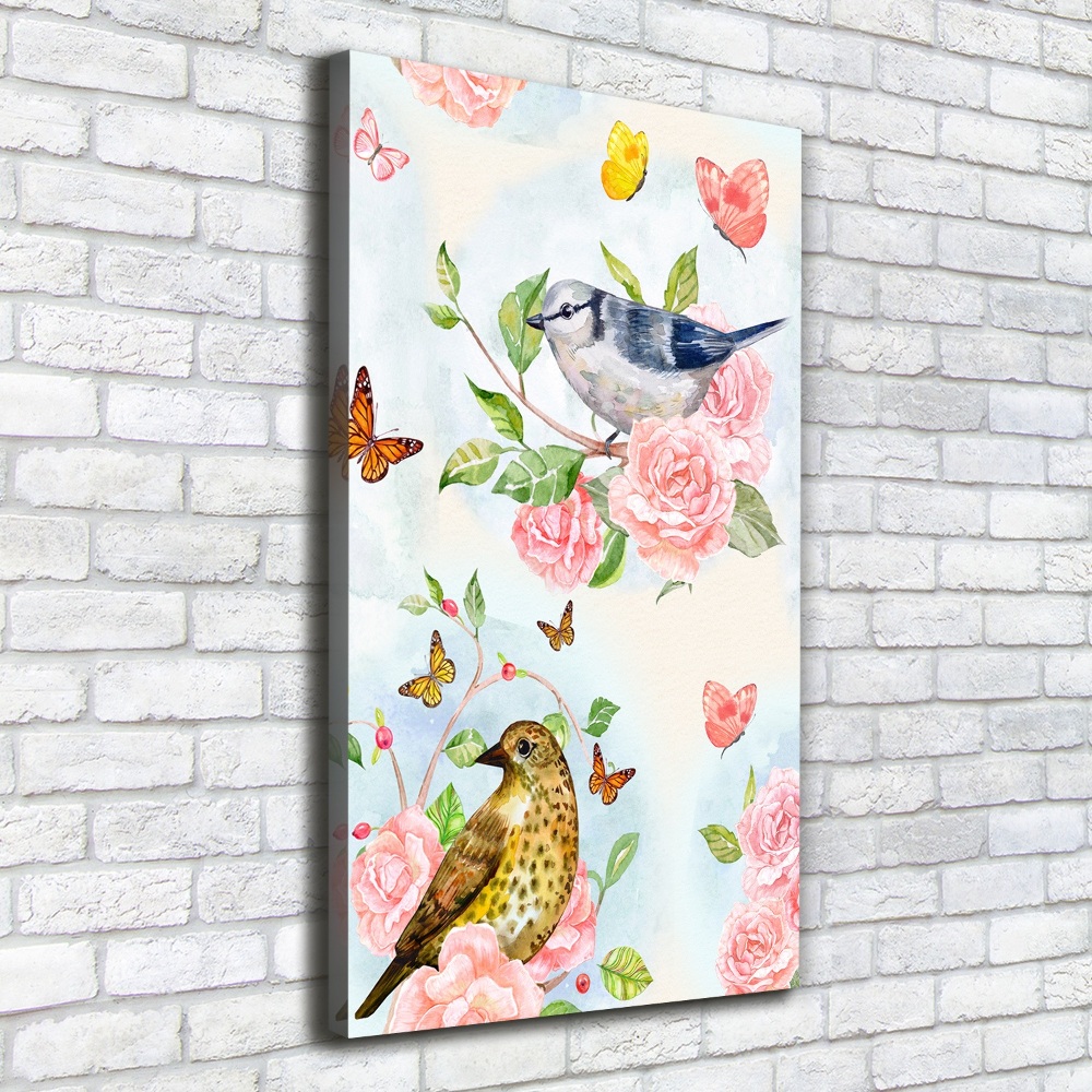 Tableau mural sur toile Oiseaux papillons roses