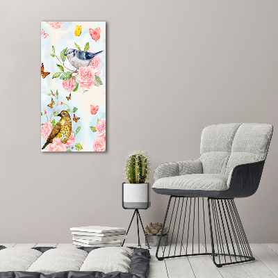 Tableau mural sur toile Oiseaux papillons roses