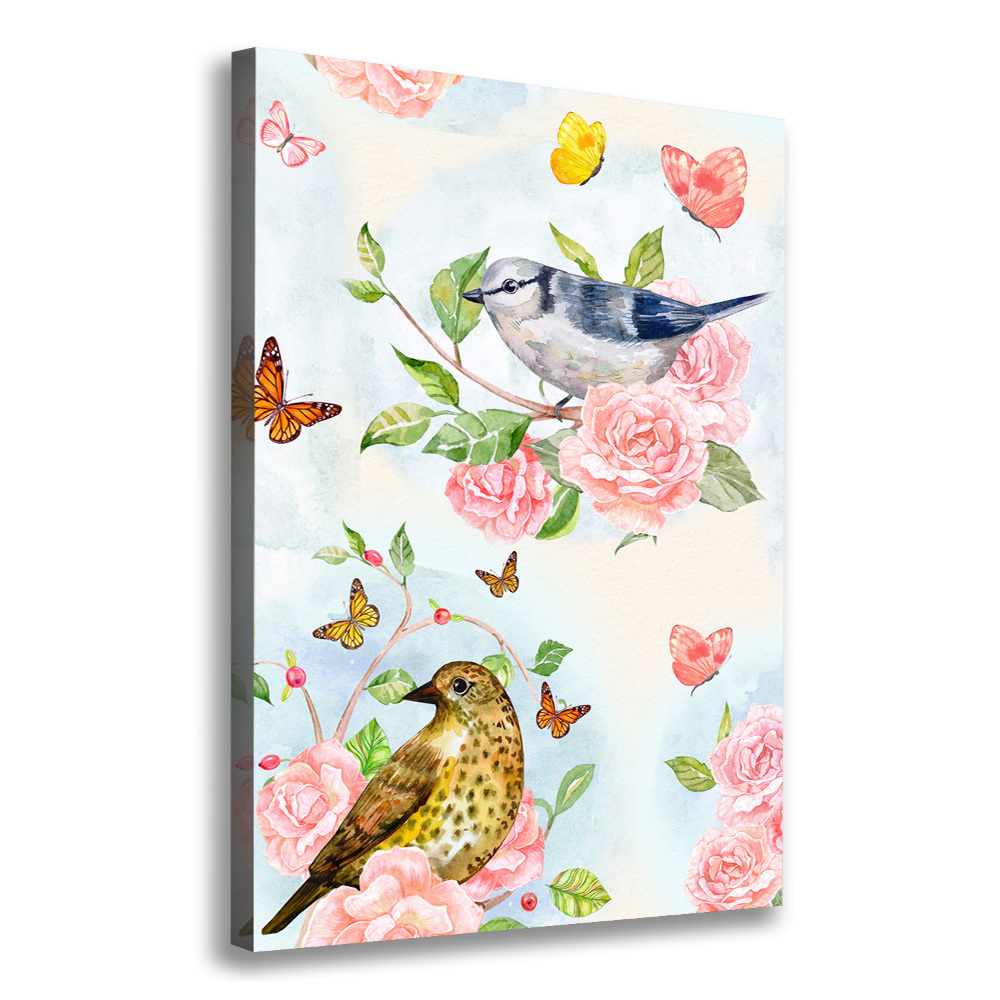 Tableau mural sur toile Oiseaux papillons roses