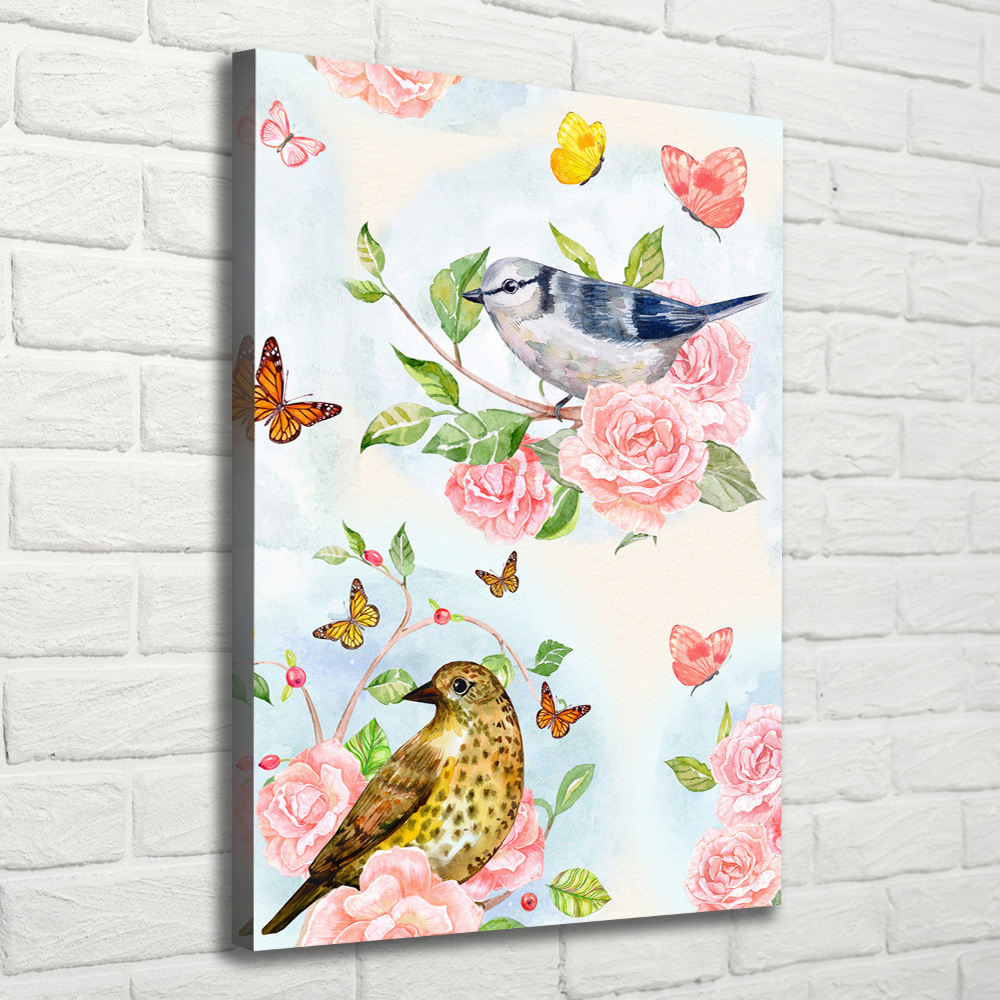 Tableau mural sur toile Oiseaux papillons roses