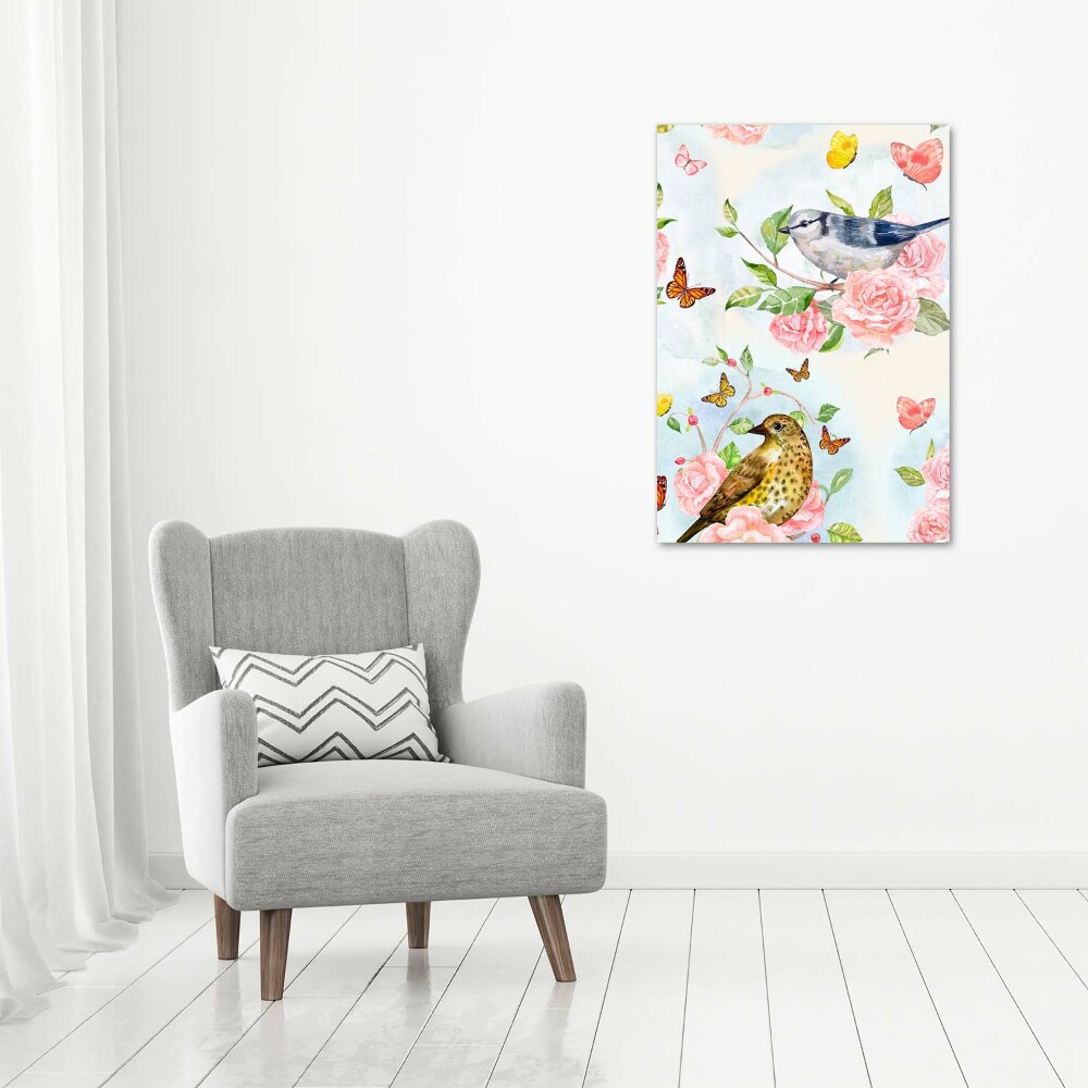 Tableau mural sur toile Oiseaux papillons roses