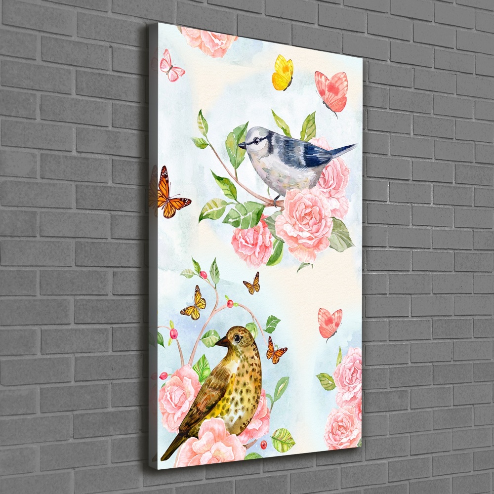 Tableau mural sur toile Oiseaux papillons roses