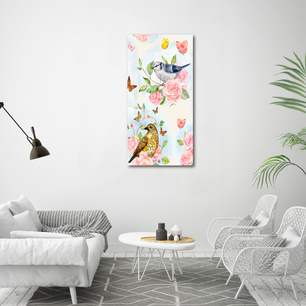 Tableau mural sur toile Oiseaux papillons roses