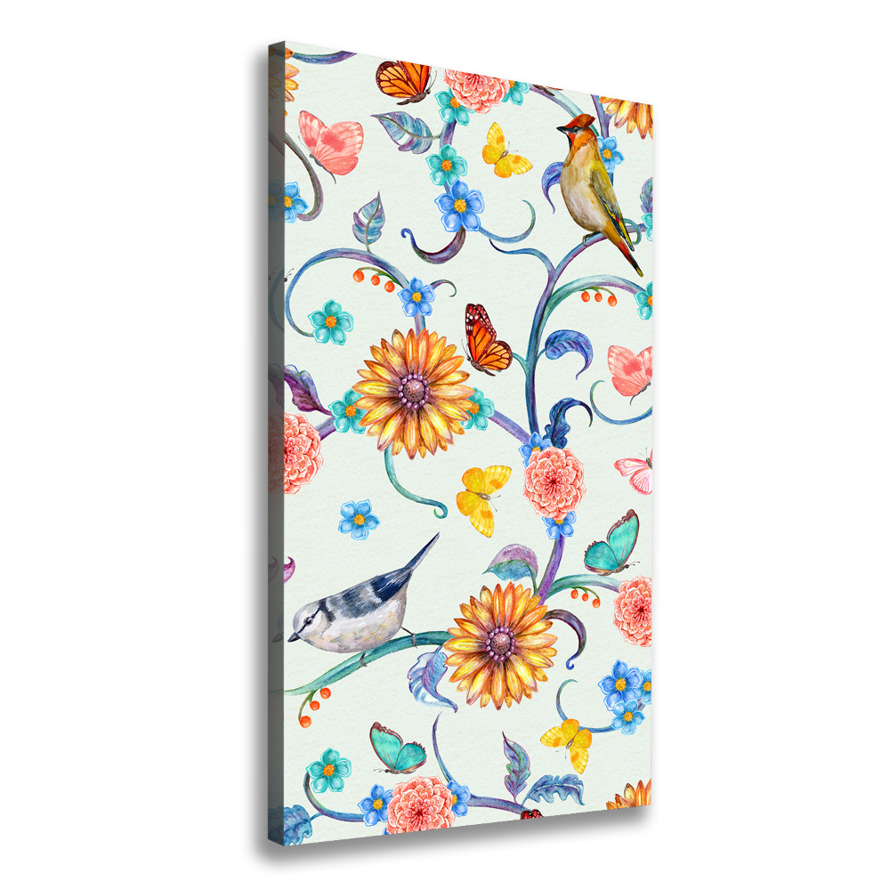 Tableau toile imprimée Oiseaux papillons fleurs