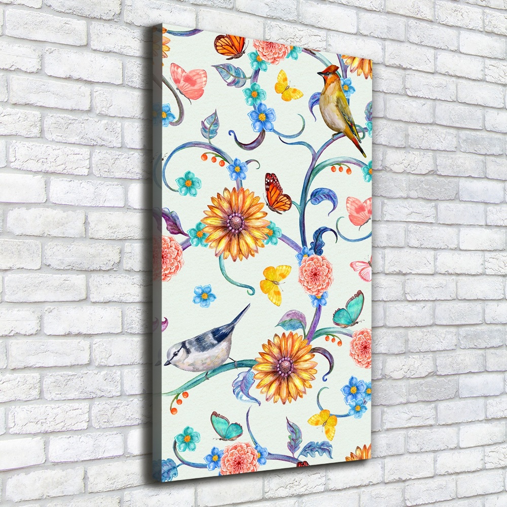 Tableau toile imprimée Oiseaux papillons fleurs