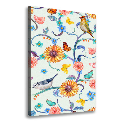 Tableau toile imprimée Oiseaux papillons fleurs