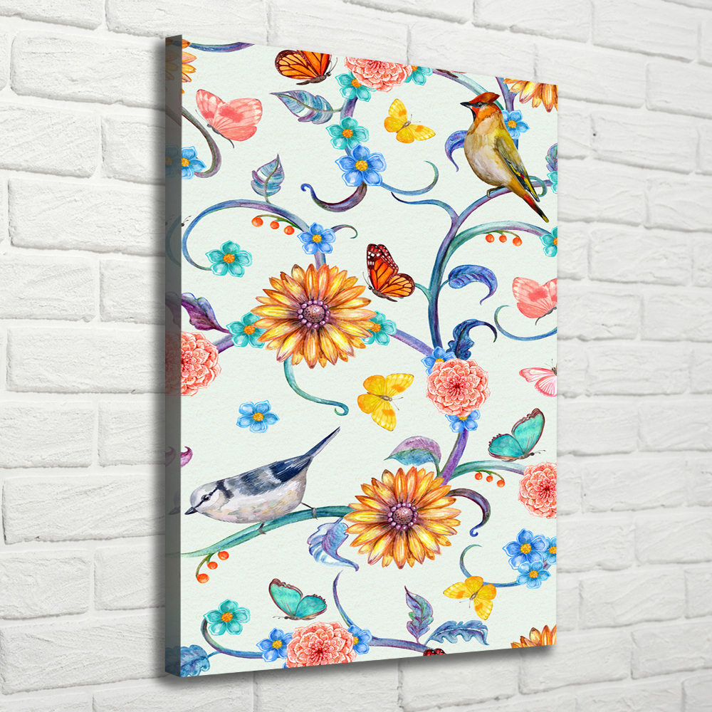 Tableau toile imprimée Oiseaux papillons fleurs