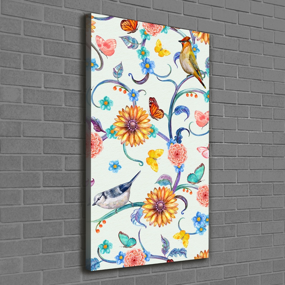 Tableau toile imprimée Oiseaux papillons fleurs