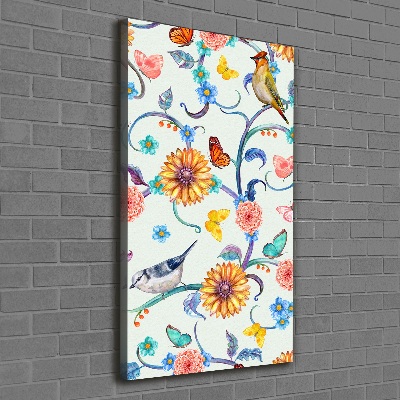 Tableau toile imprimée Oiseaux papillons fleurs