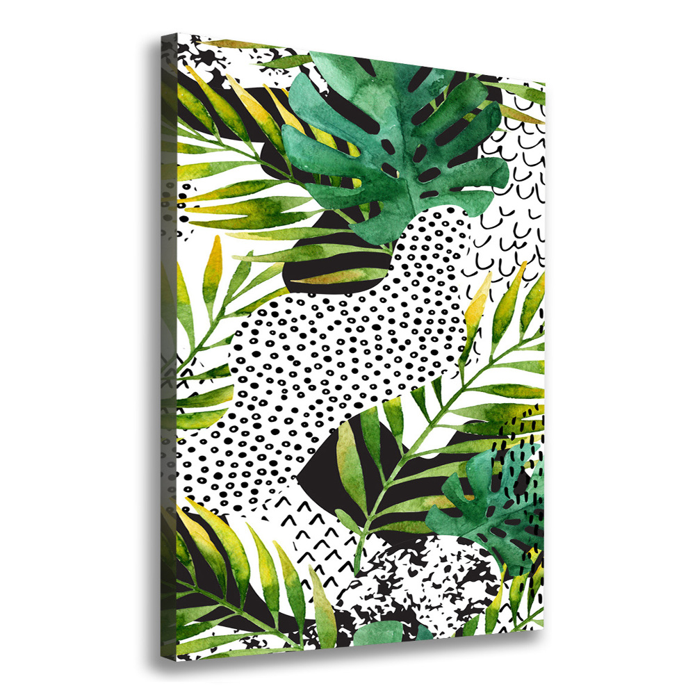 Tableau imprimé sur toile Feuilles tropicales points noirs